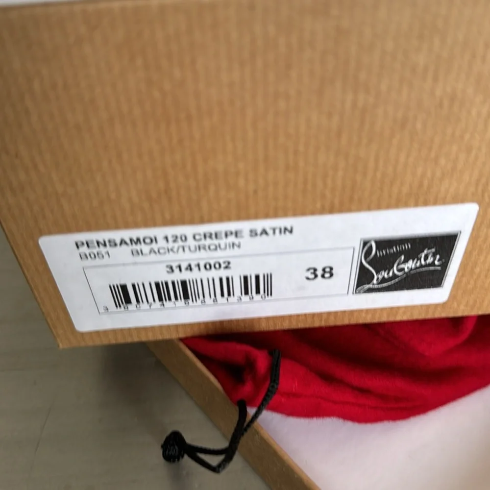 Christian Louboutin pensamoi black satin crystal peep toe stiletto RARE sz 38
